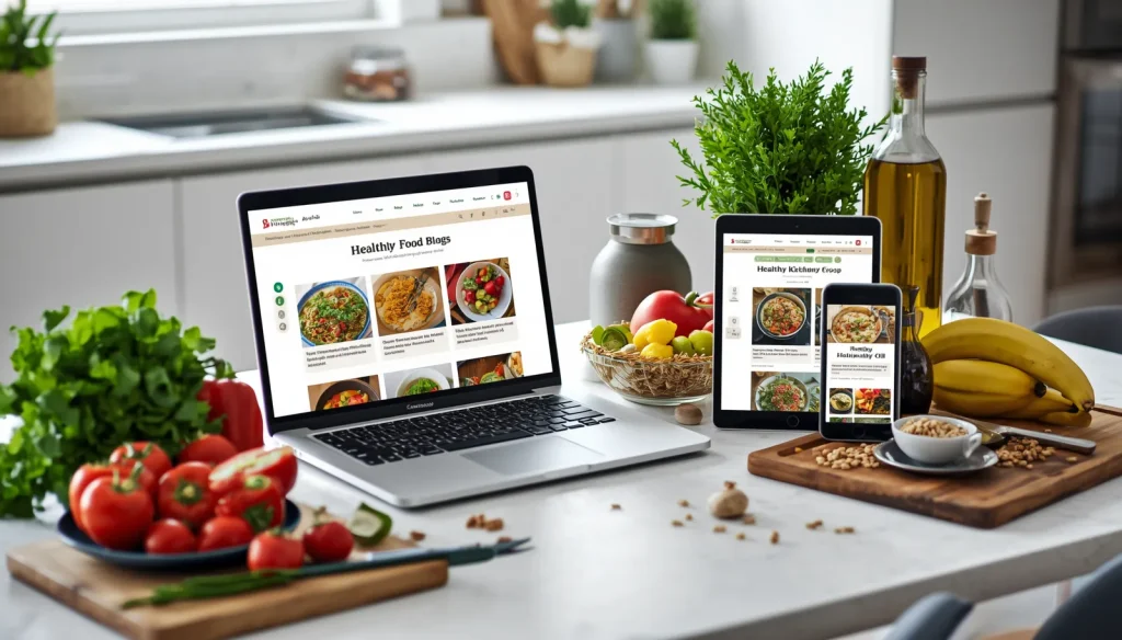 Laptop displaying healthy food blogs beside fresh vegetables, fruits, and homemade healthy meals in a modern kitchen.