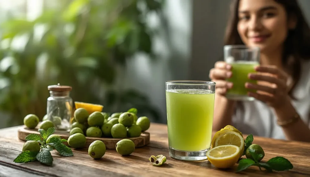 Fresh Indian gooseberries and a glass of homemade amla juice displayed on a wooden table for a natural skin health drink.