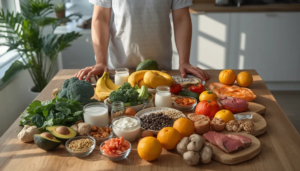Person showing common mineral deficiency symptoms beside a table filled with iron, calcium, magnesium, zinc, and potassium-rich foods.
