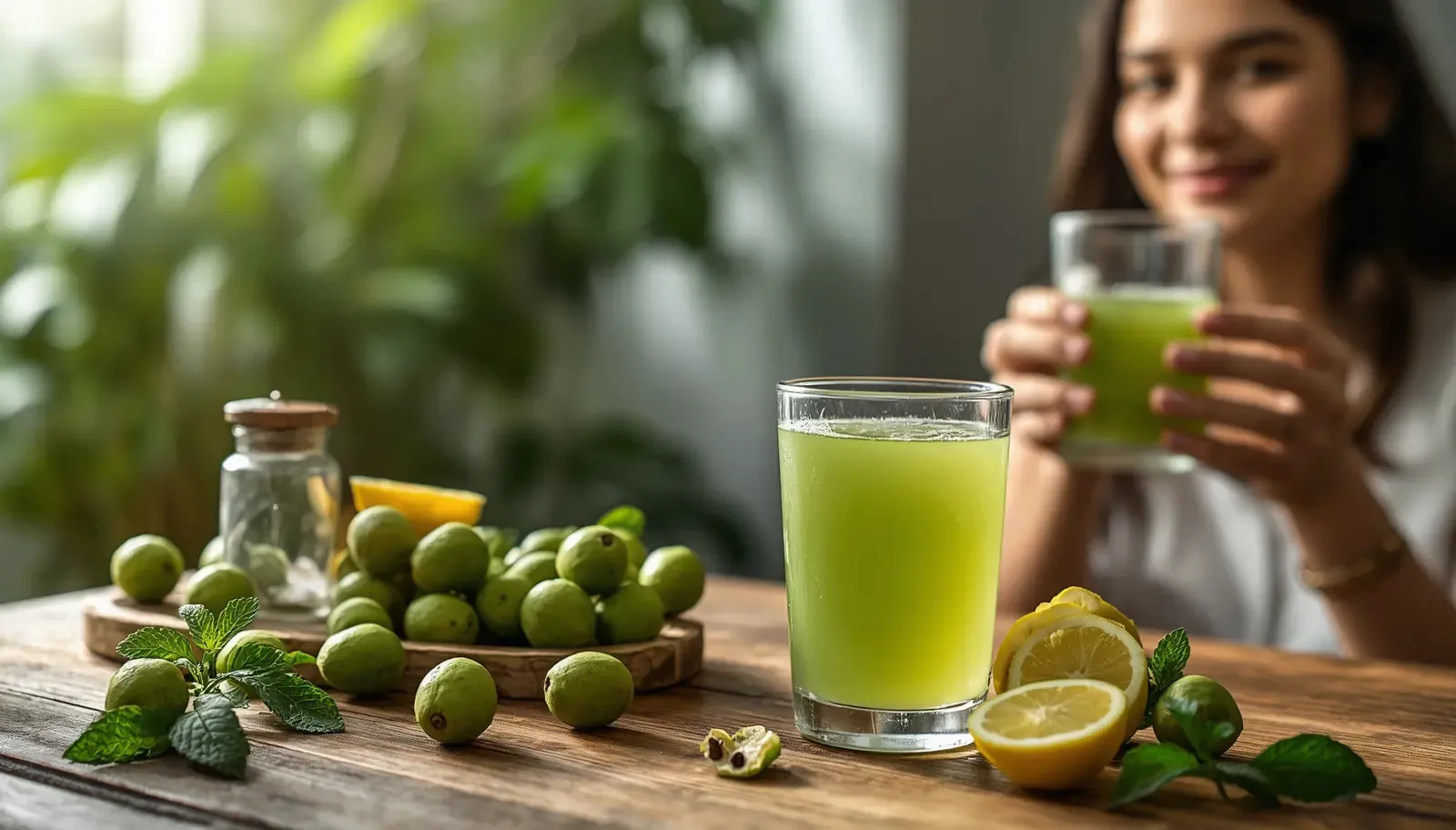 Fresh Indian gooseberries and a glass of homemade amla juice displayed on a wooden table for a natural skin health drink.
