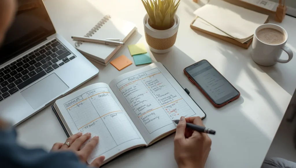 Notebook with SMART goals, weekly planner, checklist, and calendar on a productivity workspace.