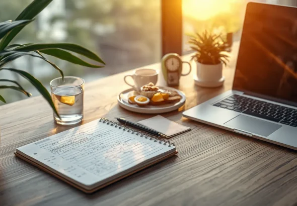 Organized morning workspace with a daily planner, laptop, healthy breakfast, coffee, and natural sunlight for a productive start to the day.