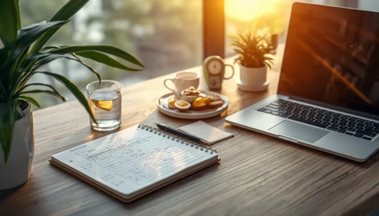 Organized morning workspace with a daily planner, laptop, healthy breakfast, coffee, and natural sunlight for a productive start to the day.