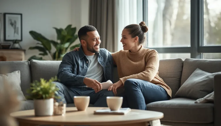 Couple having a calm and honest conversation while building trust through open communication and mutual respect.