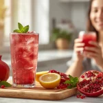 Fresh pomegranate juice with whole pomegranates, ruby-red arils, mint leaves, and lemon displayed on a kitchen counter.
