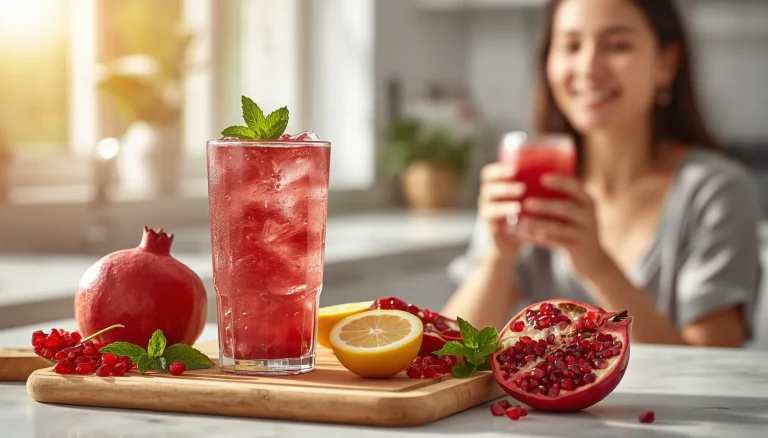 Fresh pomegranate juice with whole pomegranates, ruby-red arils, mint leaves, and lemon displayed on a kitchen counter.
