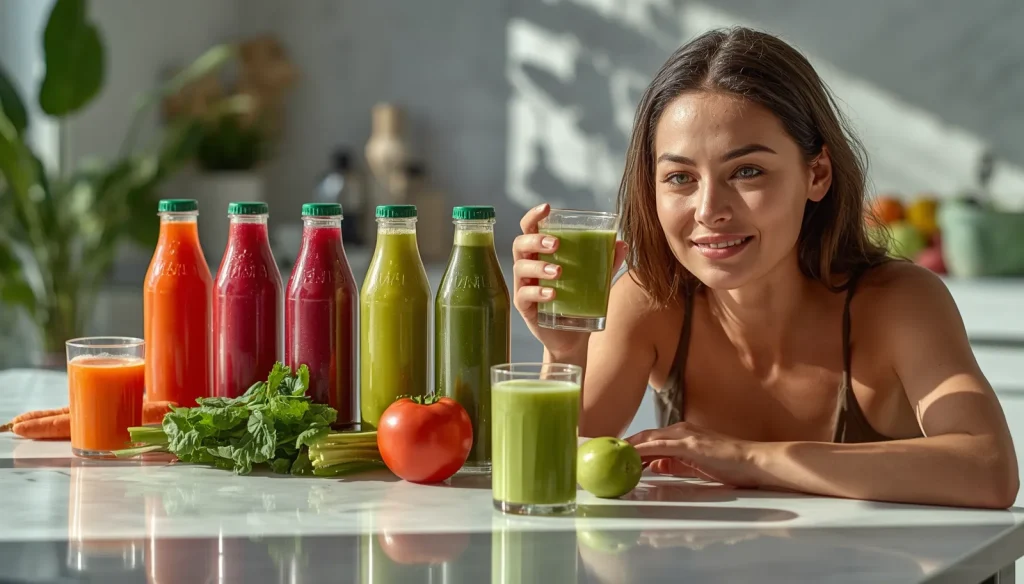 Seven fresh vegetable juices including carrot, beetroot, cucumber, spinach, tomato, celery, and bottle gourd displayed with fresh vegetables beside a woman with naturally glowing healthy skin.