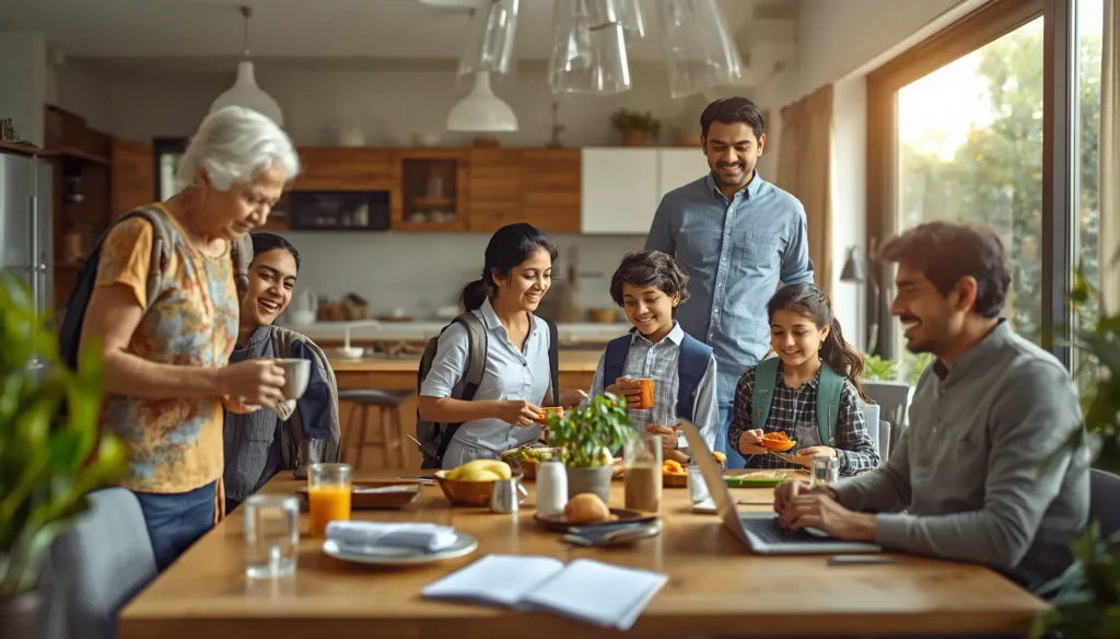Indian joint family following a well-organized morning routine with shared responsibilities, breakfast preparation, and children getting ready for school.