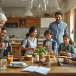 Indian joint family following a well-organized morning routine with shared responsibilities, breakfast preparation, and children getting ready for school.