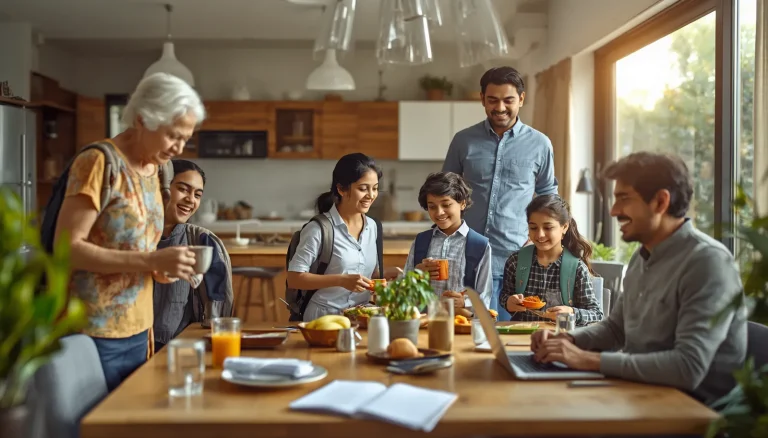 Indian joint family following a well-organized morning routine with shared responsibilities, breakfast preparation, and children getting ready for school.