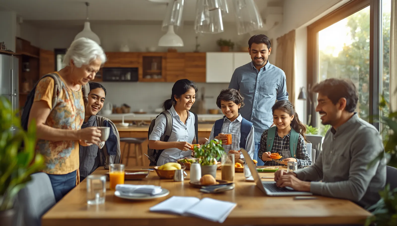 Indian joint family following a well-organized morning routine with shared responsibilities, breakfast preparation, and children getting ready for school.