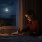 Person writing in a journal beside a softly lit bed to reduce overthinking and prepare for better sleep.