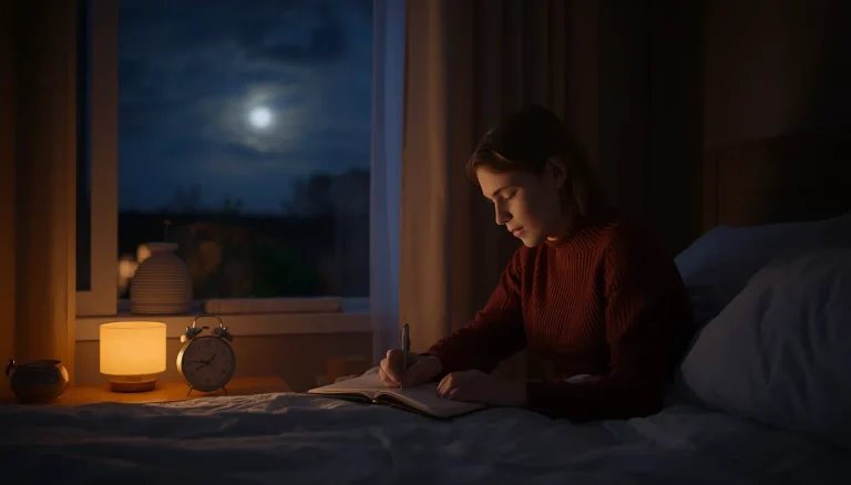 Person writing in a journal beside a softly lit bed to reduce overthinking and prepare for better sleep.