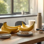 Fresh bananas served with a healthy breakfast and workout essentials to illustrate the best time to eat bananas for energy and nutrition.