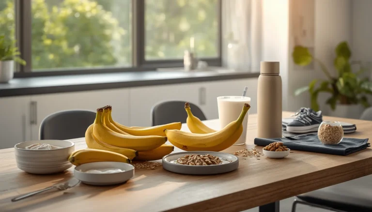 Fresh bananas served with a healthy breakfast and workout essentials to illustrate the best time to eat bananas for energy and nutrition.