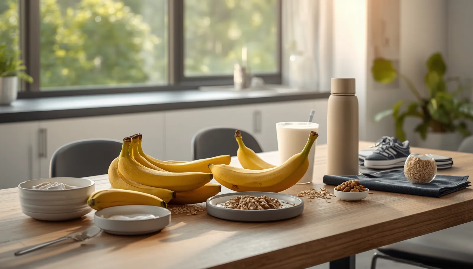 Fresh bananas served with a healthy breakfast and workout essentials to illustrate the best time to eat bananas for energy and nutrition.