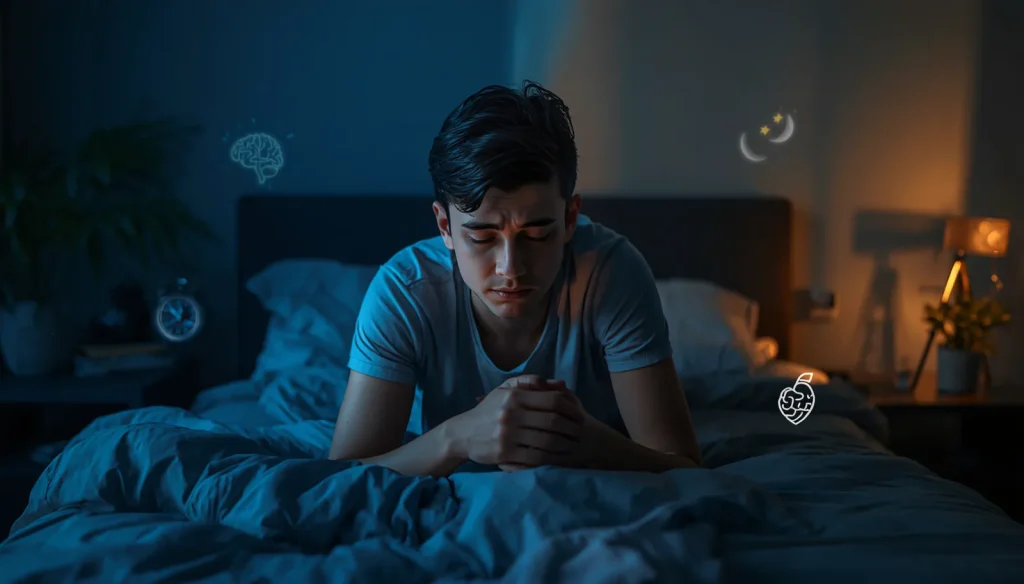 Person experiencing sleep deprivation with visible fatigue beside a bed, illustrating the effects of poor sleep on brain function and overall health.