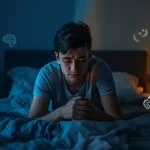 Person experiencing sleep deprivation with visible fatigue beside a bed, illustrating the effects of poor sleep on brain function and overall health.