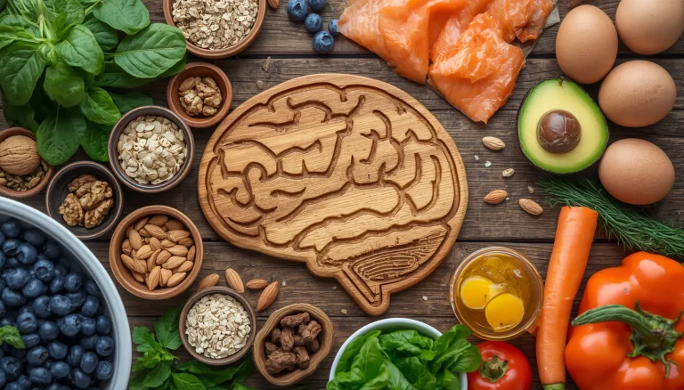 Brain-healthy foods including leafy greens, berries, walnuts, salmon, eggs, whole grains, and seeds arranged on a wooden table.