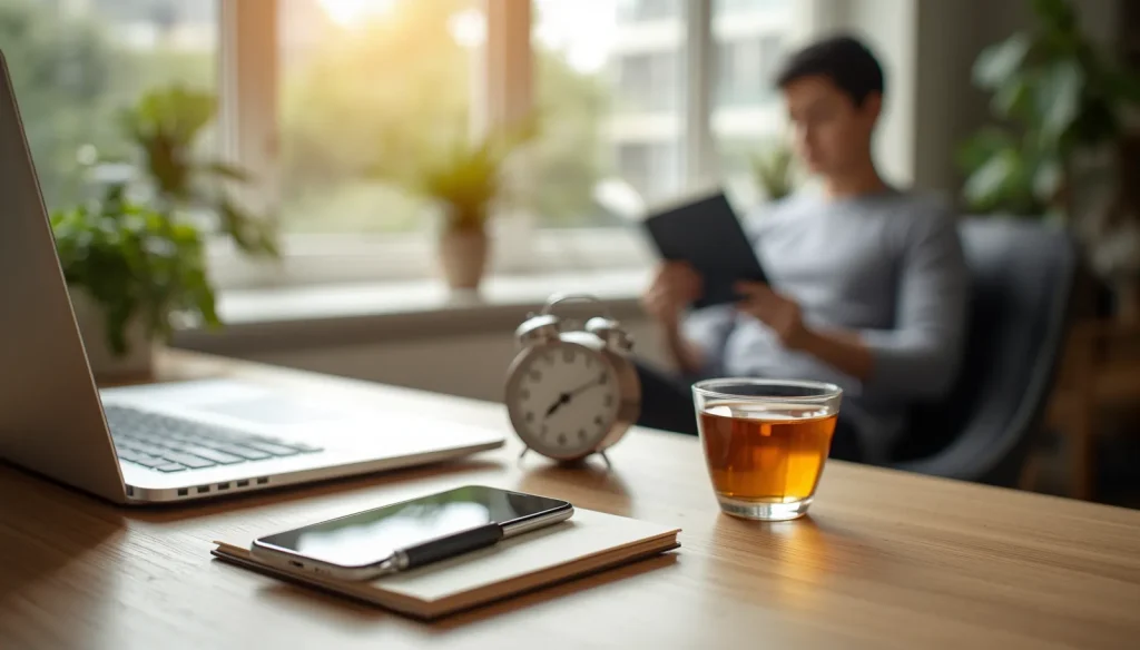 Person taking a digital detox with a phone placed aside while reading a book in a peaceful, screen-free workspace.