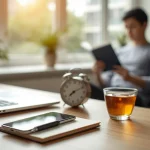 Person taking a digital detox with a phone placed aside while reading a book in a peaceful, screen-free workspace.