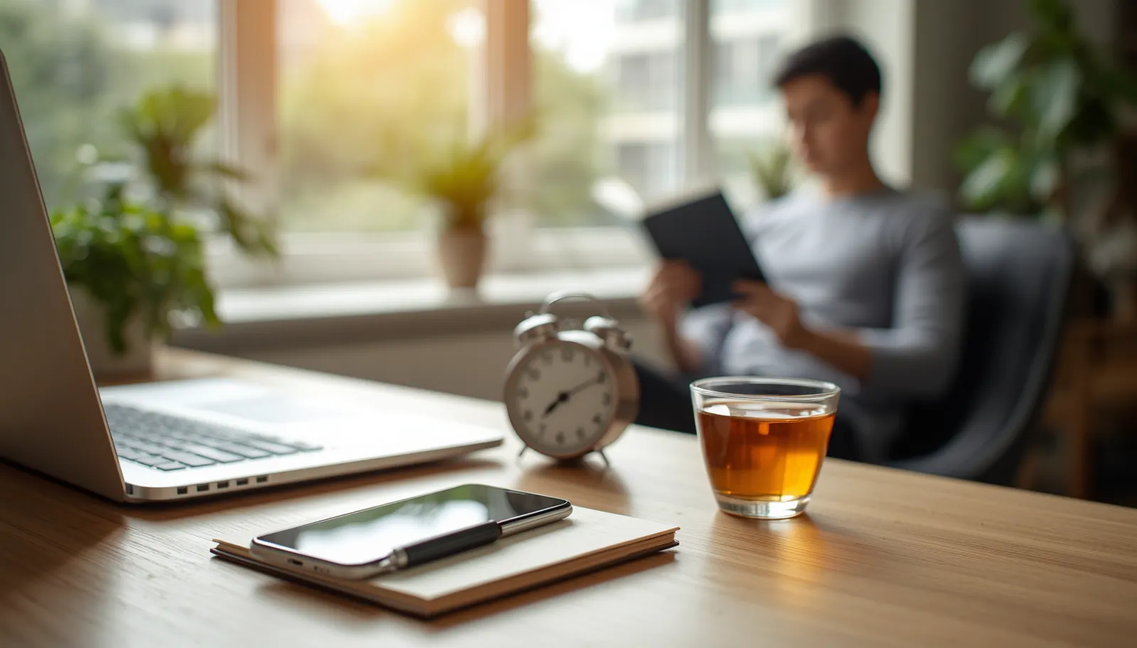 Person taking a digital detox with a phone placed aside while reading a book in a peaceful, screen-free workspace.