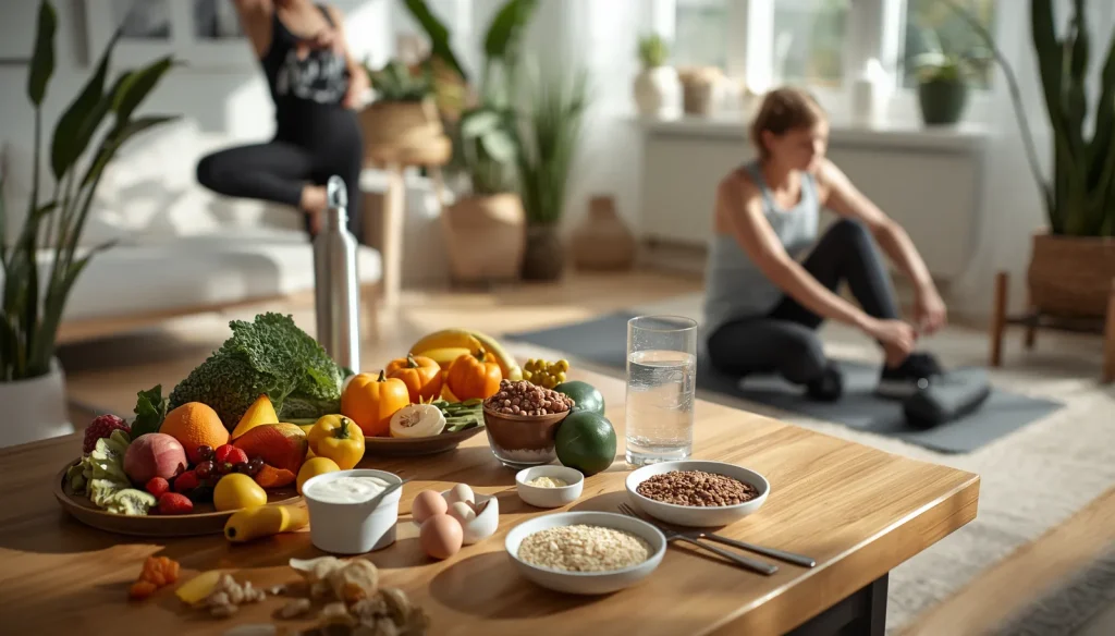 People enjoying healthy meals, regular exercise, hydration, and balanced daily habits in a bright modern home.