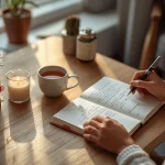 Person writing in a gratitude journal beside a cup of tea in a peaceful, sunlit room to encourage mindfulness and emotional well-being.