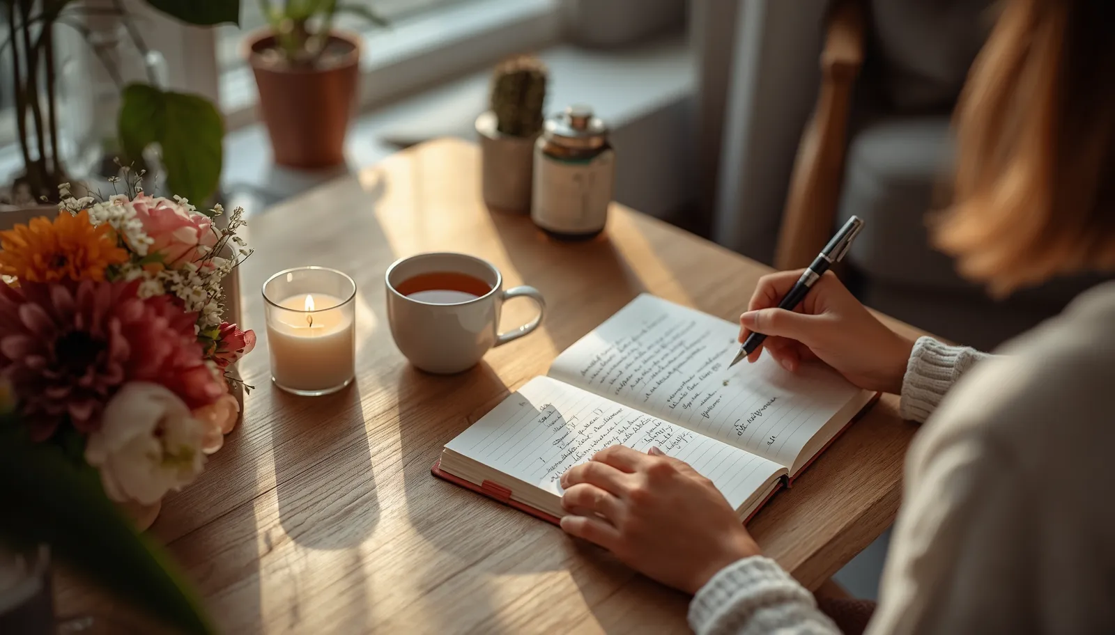 Person writing in a gratitude journal beside a cup of tea in a peaceful, sunlit room to encourage mindfulness and emotional well-being.