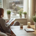 Person enjoying a peaceful soft living routine with tea, a book, and natural sunlight in a calm minimalist home.