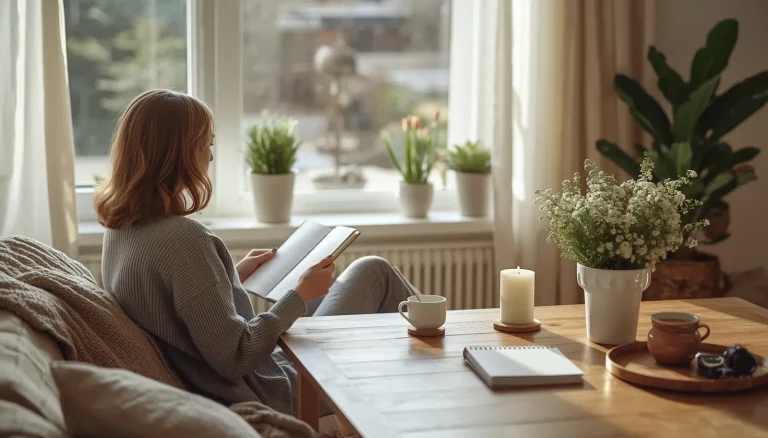 Person enjoying a peaceful soft living routine with tea, a book, and natural sunlight in a calm minimalist home.