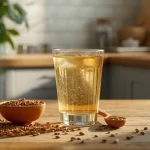 Glass of warm cumin water with whole jeera seeds on a wooden table in a bright modern kitchen.