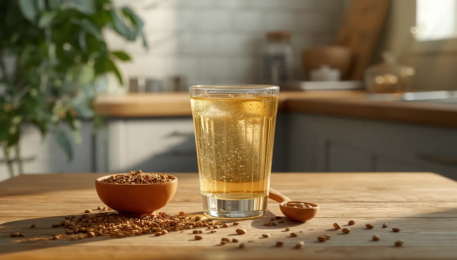 Glass of warm cumin water with whole jeera seeds on a wooden table in a bright modern kitchen.