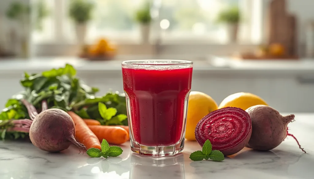 Fresh beetroot juice in a glass with sliced beets, carrots, oranges, lemon and mint on a marble countertop, representing natural nutrition and healthy glowing skin.