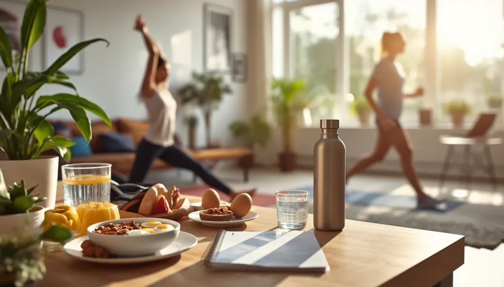 Healthy daily routine with nutritious breakfast, exercise, hydration, and a daily planner in a bright modern home.