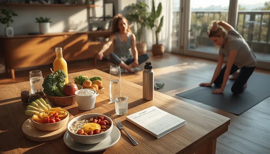 Healthy daily routine with nutritious breakfast, exercise, hydration, and a daily planner in a bright modern home.