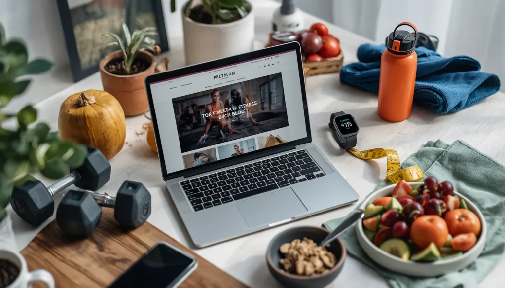 Laptop displaying health and fitness blogs beside workout equipment and healthy food in a modern fitness workspace.