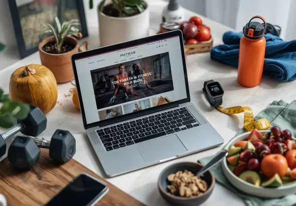 Laptop displaying health and fitness blogs beside workout equipment and healthy food in a modern fitness workspace.