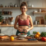 Healthy woman preparing a balanced weight-loss meal with protein-rich foods, vegetables, fruits, whole grains, and healthy fats.