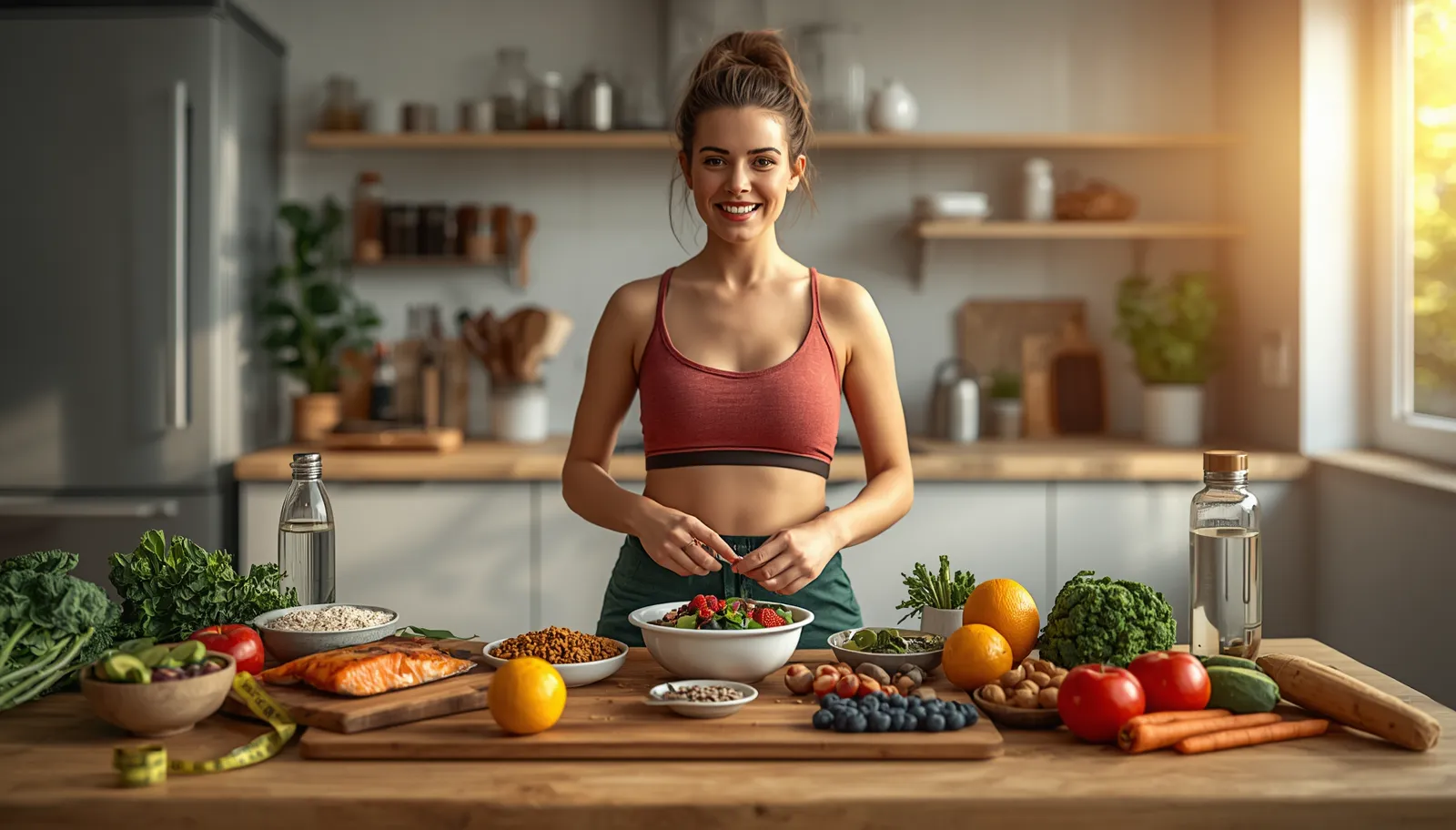 Healthy woman preparing a balanced weight-loss meal with protein-rich foods, vegetables, fruits, whole grains, and healthy fats.