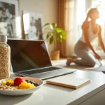 A balanced daily routine featuring healthy food, exercise, focused work, hydration, and relaxation in a modern home.