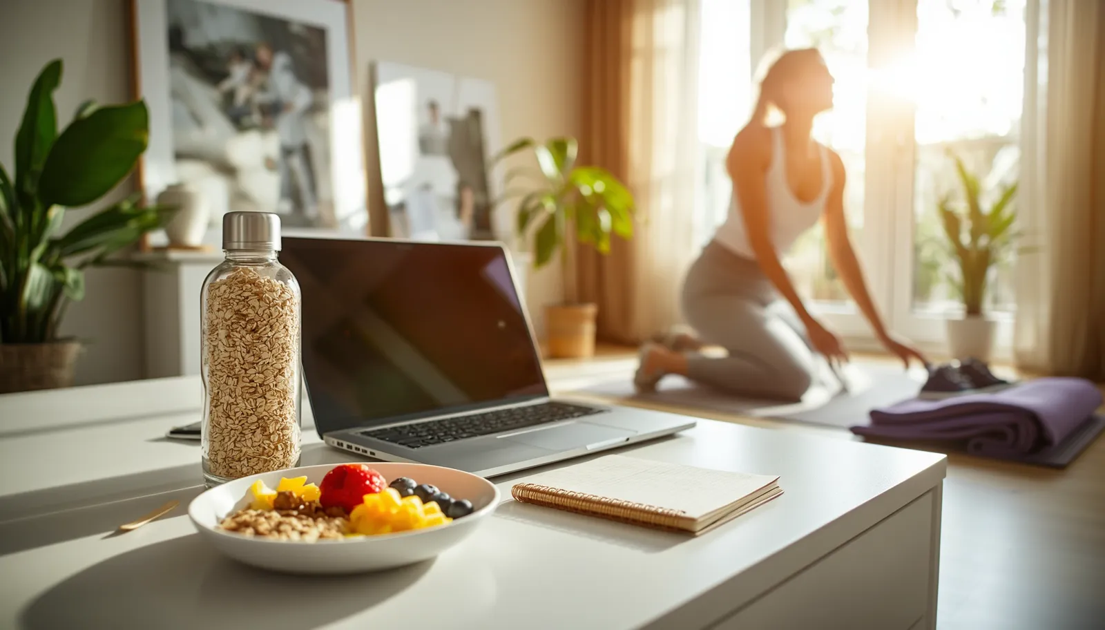 A balanced daily routine featuring healthy food, exercise, focused work, hydration, and relaxation in a modern home.
