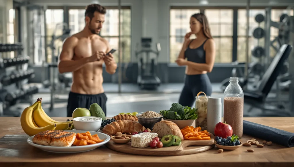 Healthy pre- and post-workout foods including protein, whole grains, fruits, and vegetables displayed beside fitness enthusiasts in a modern gym.