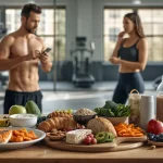 Healthy pre- and post-workout foods including protein, whole grains, fruits, and vegetables displayed beside fitness enthusiasts in a modern gym.