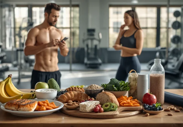 Healthy pre- and post-workout foods including protein, whole grains, fruits, and vegetables displayed beside fitness enthusiasts in a modern gym.