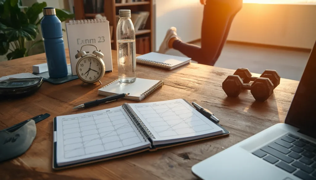 A clean workspace with a planner, calendar, workout gear, and notebook representing self-discipline and productive daily habits.