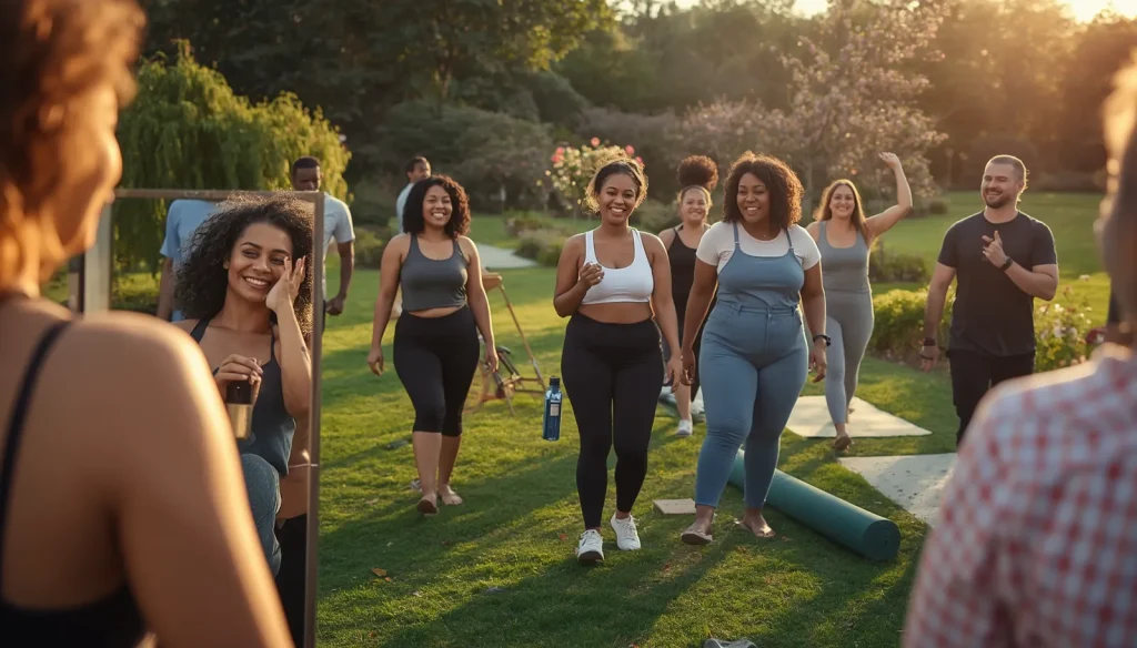 Diverse group of confident people celebrating body positivity, self-acceptance, and healthy self-esteem in a peaceful outdoor setting.