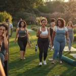 Diverse group of confident people celebrating body positivity, self-acceptance, and healthy self-esteem in a peaceful outdoor setting.