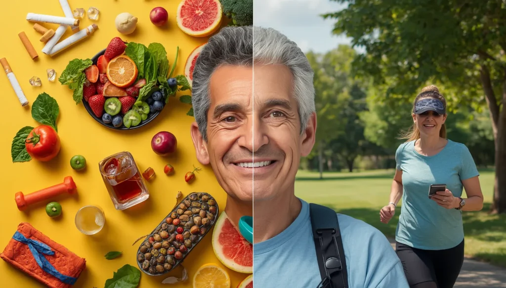 Healthy ageing essentials including nutritious food, exercise, sunscreen, quality sleep, and healthy lifestyle choices beside unhealthy habits.
