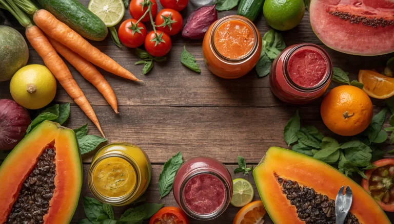Homemade fruit and vegetable juices with fresh ingredients including amla, carrots, beetroot, cucumber, papaya, watermelon, tomatoes, and guava for healthy skin.